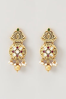 Gold Finish Kundan Polki & Pearl Long Temple Necklace Set