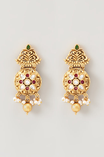 Gold Finish Kundan Polki & Pearl Long Temple Necklace Set