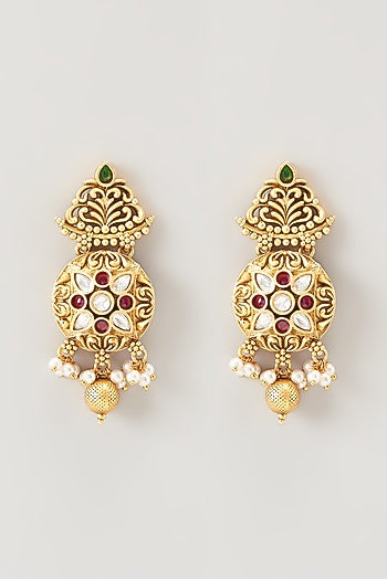 Gold Finish Kundan Polki & Pearl Long Temple Necklace Set