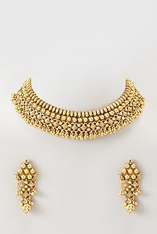 Gold Finish Kundan Polki & Beaded Temple Choker Necklace Set