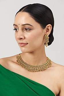 Gold Finish Kundan Polki & Beaded Temple Choker Necklace Set