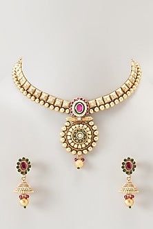 Gold Finish Ruby Synthetic Stone & Beaded Temple Choker Necklace Set