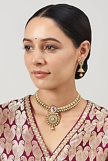Gold Finish Ruby Synthetic Stone & Beaded Temple Choker Necklace Set