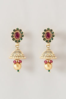 Gold Finish Ruby Synthetic Stone & Beaded Temple Choker Necklace Set