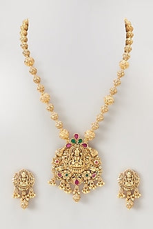 Gold Finish Synthetic Stone Temple Long Necklace Set