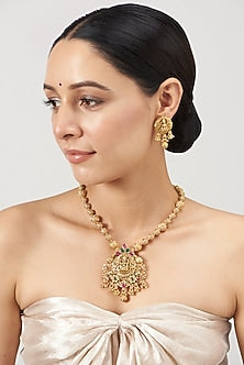 Gold Finish Synthetic Stone Temple Long Necklace Set