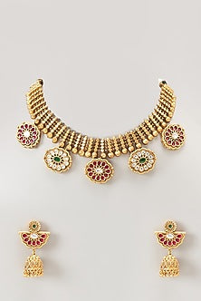 Gold Finish Kundan Polki & Synthetic Stone Temple Choker Necklace Set