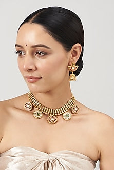 Gold Finish Kundan Polki & Synthetic Stone Temple Choker Necklace Set