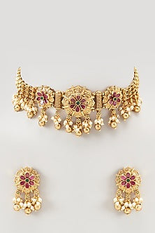 Gold Finish Ruby Synthetic Stone & Beaded Temple Choker Necklace Set
