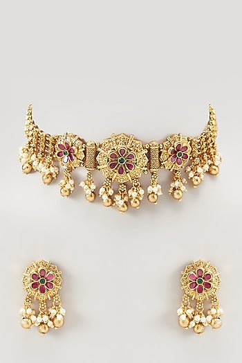 Gold Finish Ruby Synthetic Stone & Beaded Temple Choker Necklace Set