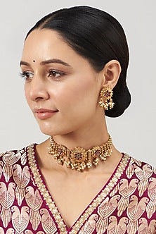 Gold Finish Ruby Synthetic Stone & Beaded Temple Choker Necklace Set