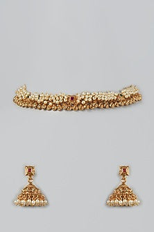 Gold Finish Synthetic Red Stone & Pearl Temple Choker Necklace Set