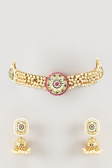 Gold Finish Pearl & Kundan Polki Temple Choker Necklace Set