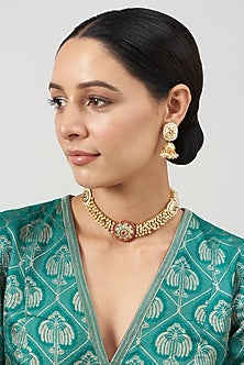 Gold Finish Pearl & Kundan Polki Temple Choker Necklace Set