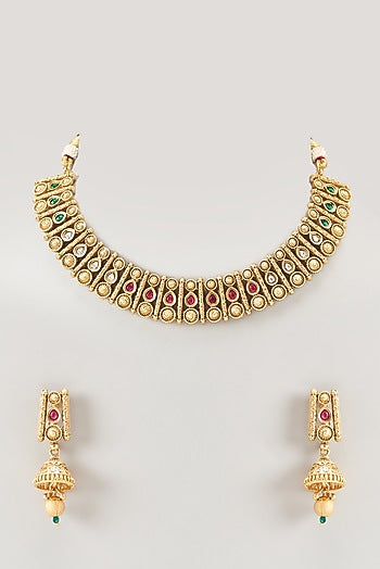 Gold Finish Ruby Stone Temple Necklace Set