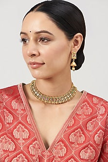 Gold Finish Ruby Stone Temple Necklace Set