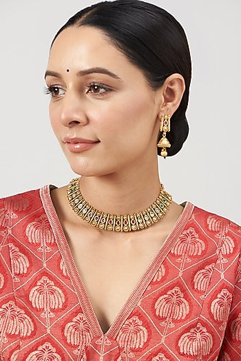 Gold Finish Ruby Stone Temple Necklace Set