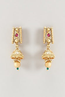 Gold Finish Ruby Stone Temple Necklace Set