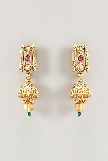Gold Finish Ruby Stone Temple Necklace Set