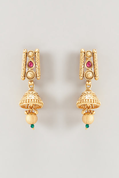 Gold Finish Ruby Stone Temple Necklace Set