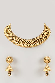 Gold Finish Golden Beaded Temple Choker Necklace Set