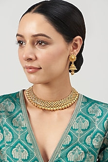 Gold Finish Golden Beaded Temple Choker Necklace Set