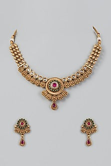 Gold Finish Synthetic Red & Green Stone Temple Necklace Set