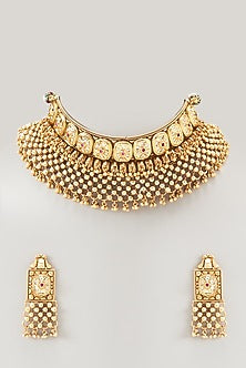 Gold Finish Golden Beaded Temple Choker Necklace Set