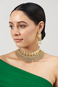 Gold Finish Golden Beaded Temple Choker Necklace Set
