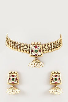 Gold Finish Golden Beaded Temple Choker Necklace Set
