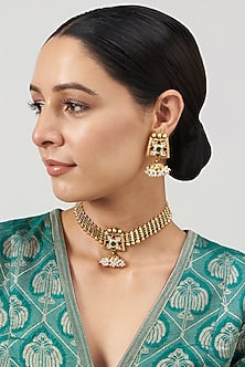 Gold Finish Golden Beaded Temple Choker Necklace Set