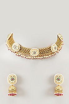 Gold Finish Pearl & Golden Beaded Temple Choker Necklace Set
