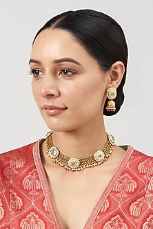 Gold Finish Pearl & Golden Beaded Temple Choker Necklace Set