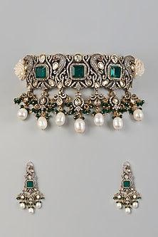 Two Tone Finish Kundan Polki & Pearl Choker Necklace Set
