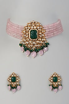 Gold Finish Kundan Polki & Pink Pearl Choker Necklace Set