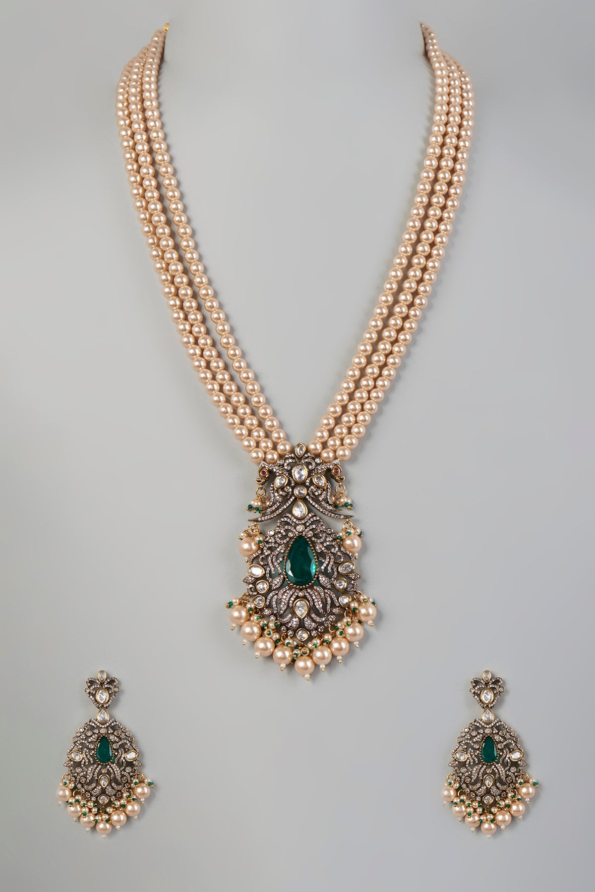 Two Tone Finish Kundan Polki & Pearl Long Necklace Set