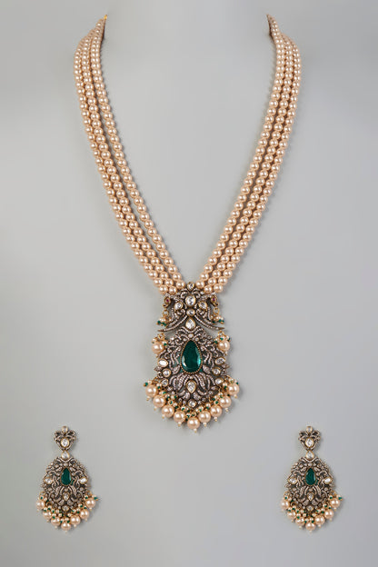 Two Tone Finish Kundan Polki & Pearl Long Necklace Set