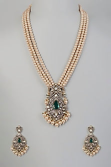 Two Tone Finish Kundan Polki & Pearl Long Necklace Set