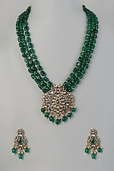 Two Tone Finish Green Stone & Pearl Long Necklace Set