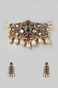 Two Tone Finish Kundan Polki & Pearl Choker Necklace Set