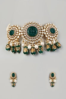 Gold Finish Kundan Polki & Pearl Choker Necklace Set