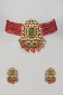 Gold Finish Kundan Polki & Green Stone Choker Necklace Set