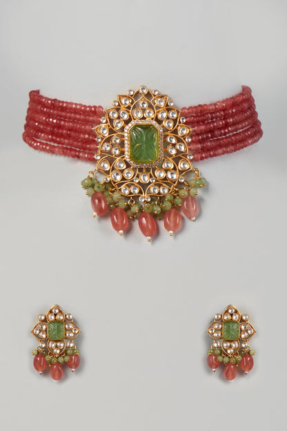 Gold Finish Kundan Polki & Green Stone Choker Necklace Set