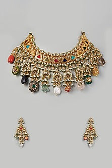 Gold Finish Kundan Polki & Multi-Colored Stone Choker Necklace Set