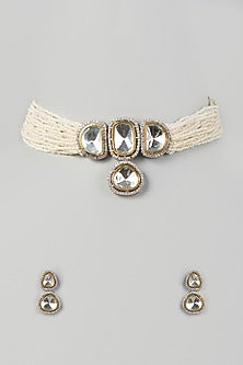 Two Tone Finish Kundan Polki & Pearl Choker Necklace Set