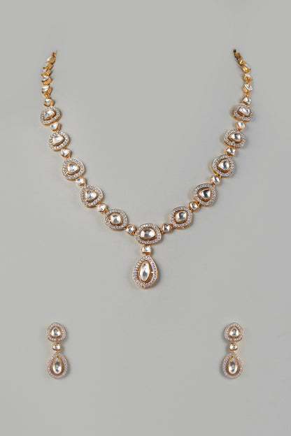 Two Tone Finish Zircon & Kundan Polki Long Necklace Set