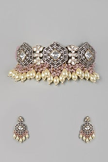 Two Tone Finish Pearl & Kundan Polki Choker Necklace Set
