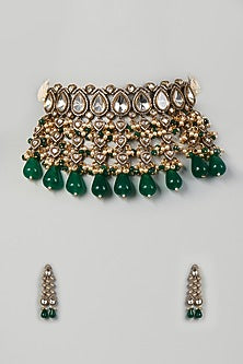 Two Tone Finish Kundan Polki & Green Pearl Choker Necklace Set