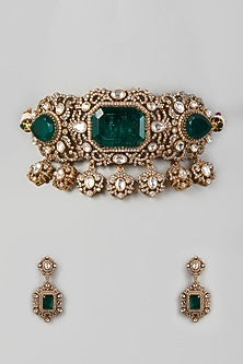 Two Tone Finish Kundan Polki & Green Stone Choker Necklace Set