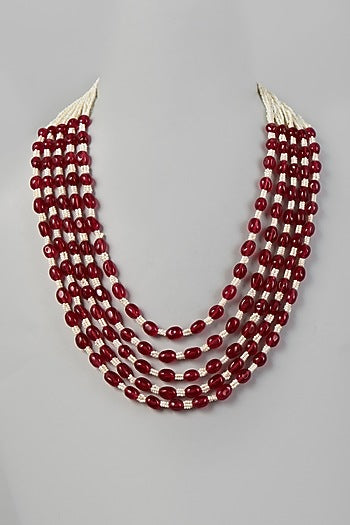 Red Beaded & Pearl Layered Necklace